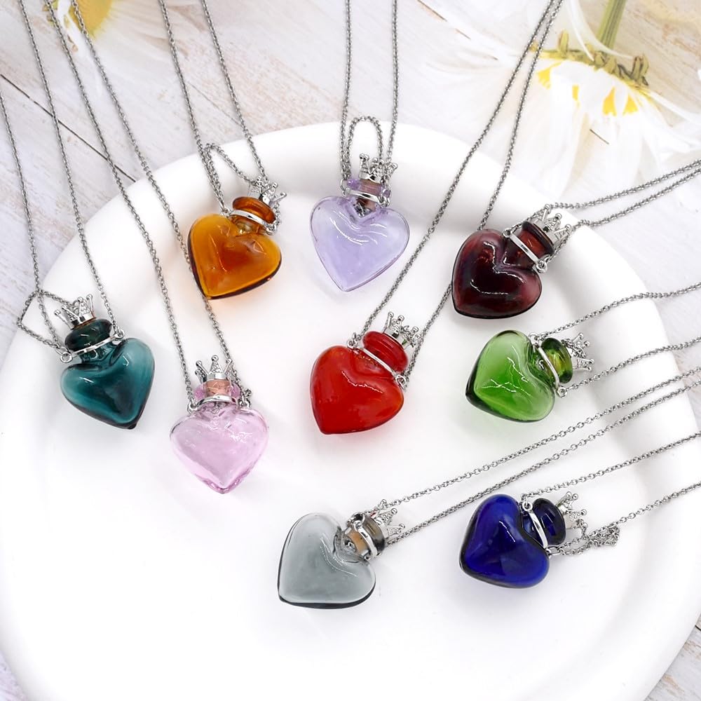Glaze Glass Heart-Shaped Refillable Essential Oil Necklace Pendant - Aromatherapy Perfume Diffuser Pendant with Stainless Steel Chain (Grey)