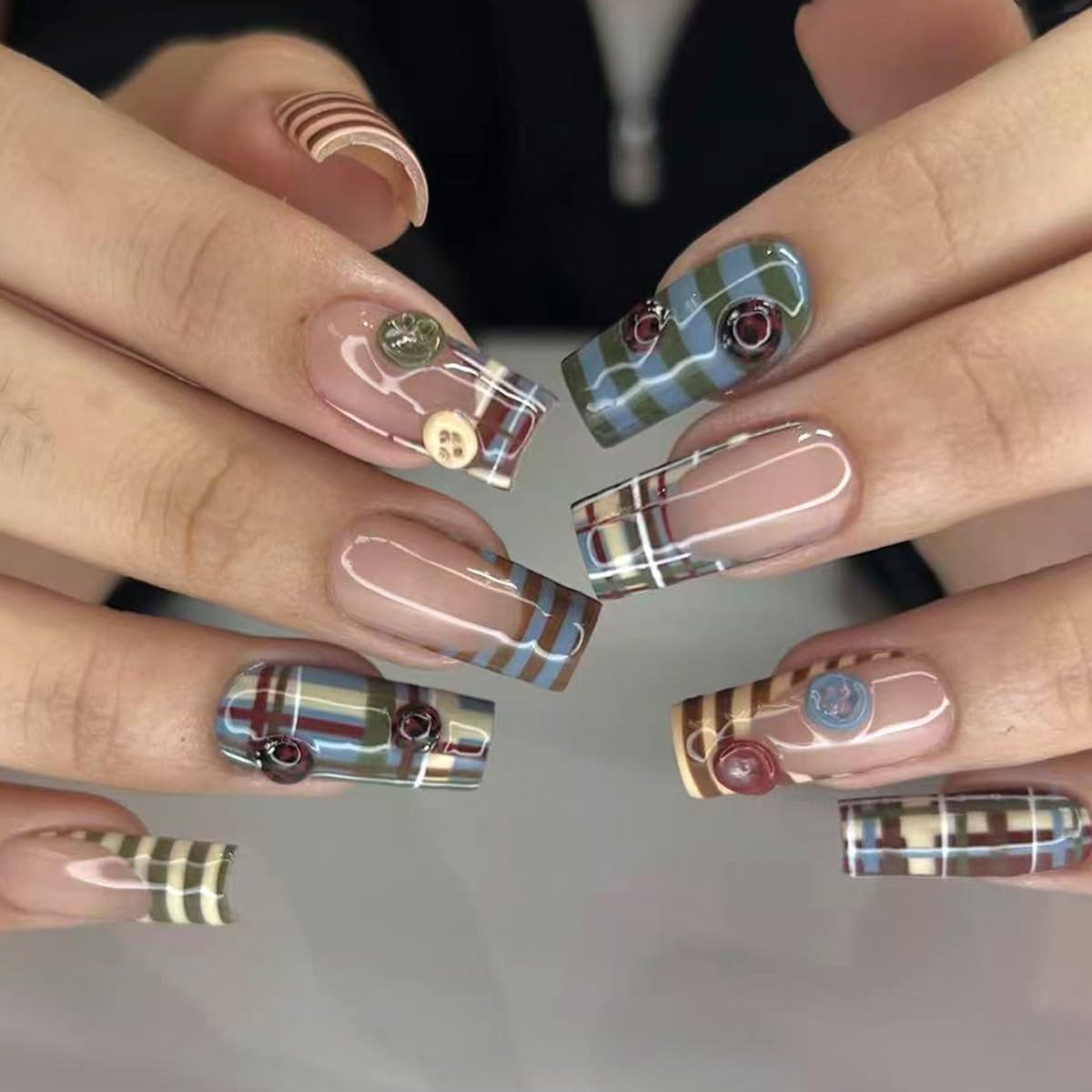 plalely Square Press on Nails Medium Blue Fake Nail Blue and Brown Stripes Acrylic Nail Press ons with Cute 3D Charms Stick on Nail for Women 24pcs