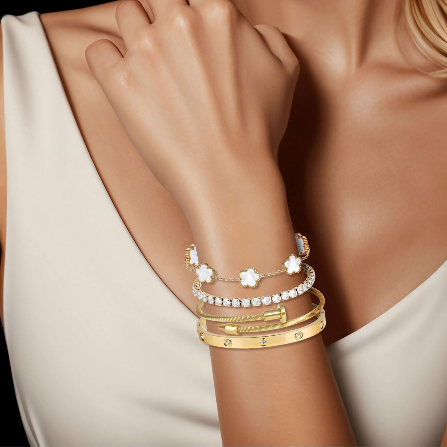 18K White Gold Plated Clover Bracelet Bangle Set, 4pcs Stackable Four Leaf Gold Bracelet Set for Wife Mom Girlfriend