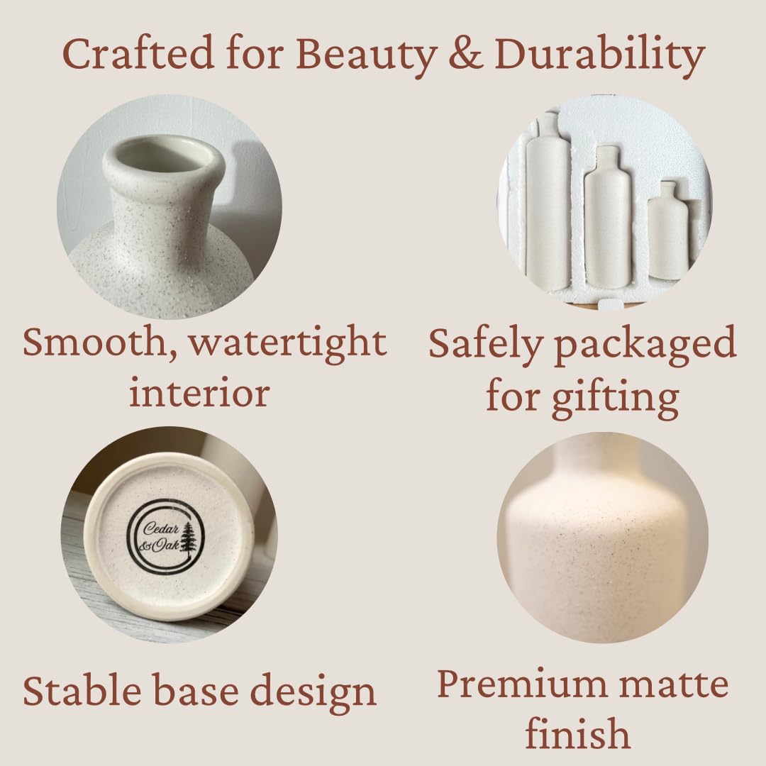 Tall Off-White Ceramic Vase Set of 3– Large Modern Farmhouse Decor Vases for Living Room, Coffee Table & Shelf Styling – Minimalist Neutral Decorative Flower Vases, Elegant Home Accent Gift