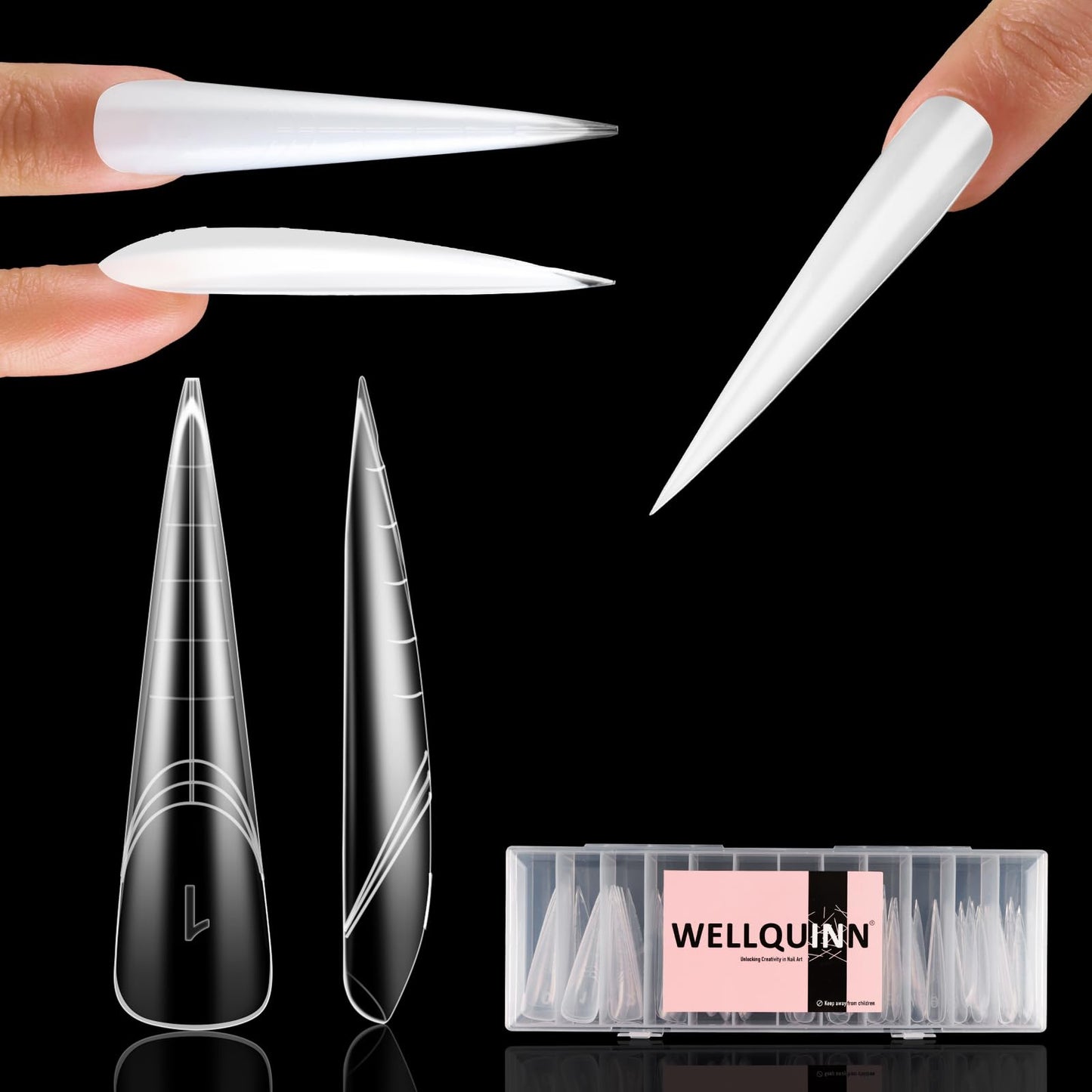 Wellquinn Stiletto Nail Forms, XXL Sculpted Dual Nails Molds Reusable Acrylic Builder Hard Gel Polygel Dual Forms for Nail Extension Salon Home DIY 14 Sizes 70 Pcs