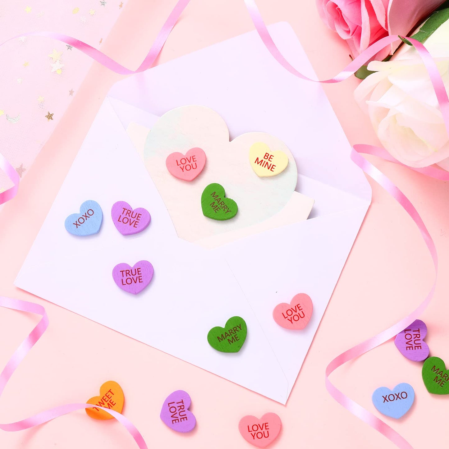 Maitys 300 Pcs Valentine's Day Conversation Hearts Vase Filler Wooden Conversation Hearts Decor Valentine Table Decorations Wedding Scatter Table Confetti for Crafts Wedding Bridal Shower Decorations