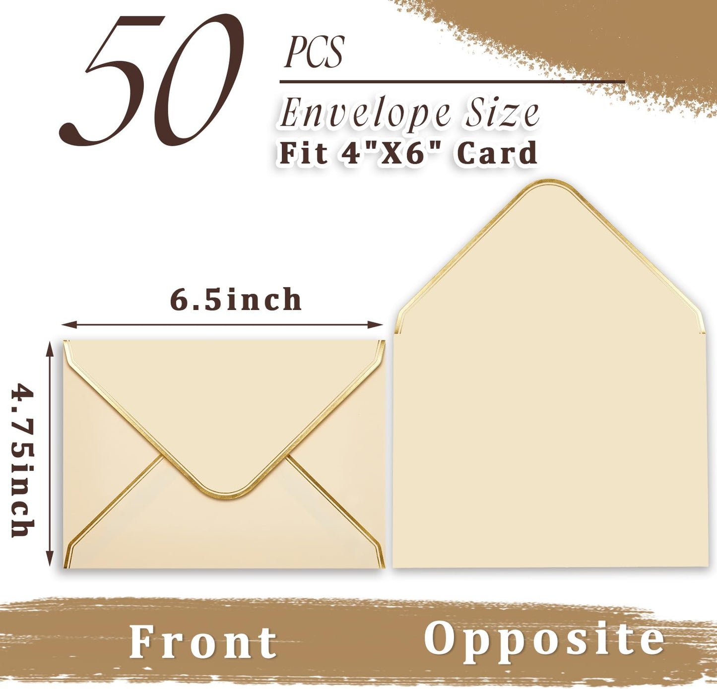 Cholemy Brown 4 x 6 Envelopes 50 Pack A6 Card Envelopes with Gold Border, 180 Gsm Self Adhesive V Flap Invitation Envelope for Wedding Bridal Shower Birthday Greeting Graduation Mailing Funeral