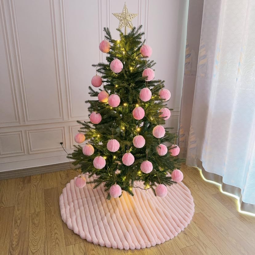 Faux Fur Christmas Tree Skirts, 30 inches Plush Fluffy Christmas Tree Skirt with Stripe Textured Pattern for Christmas Tree Decorations (78CM, Pink Stripe)