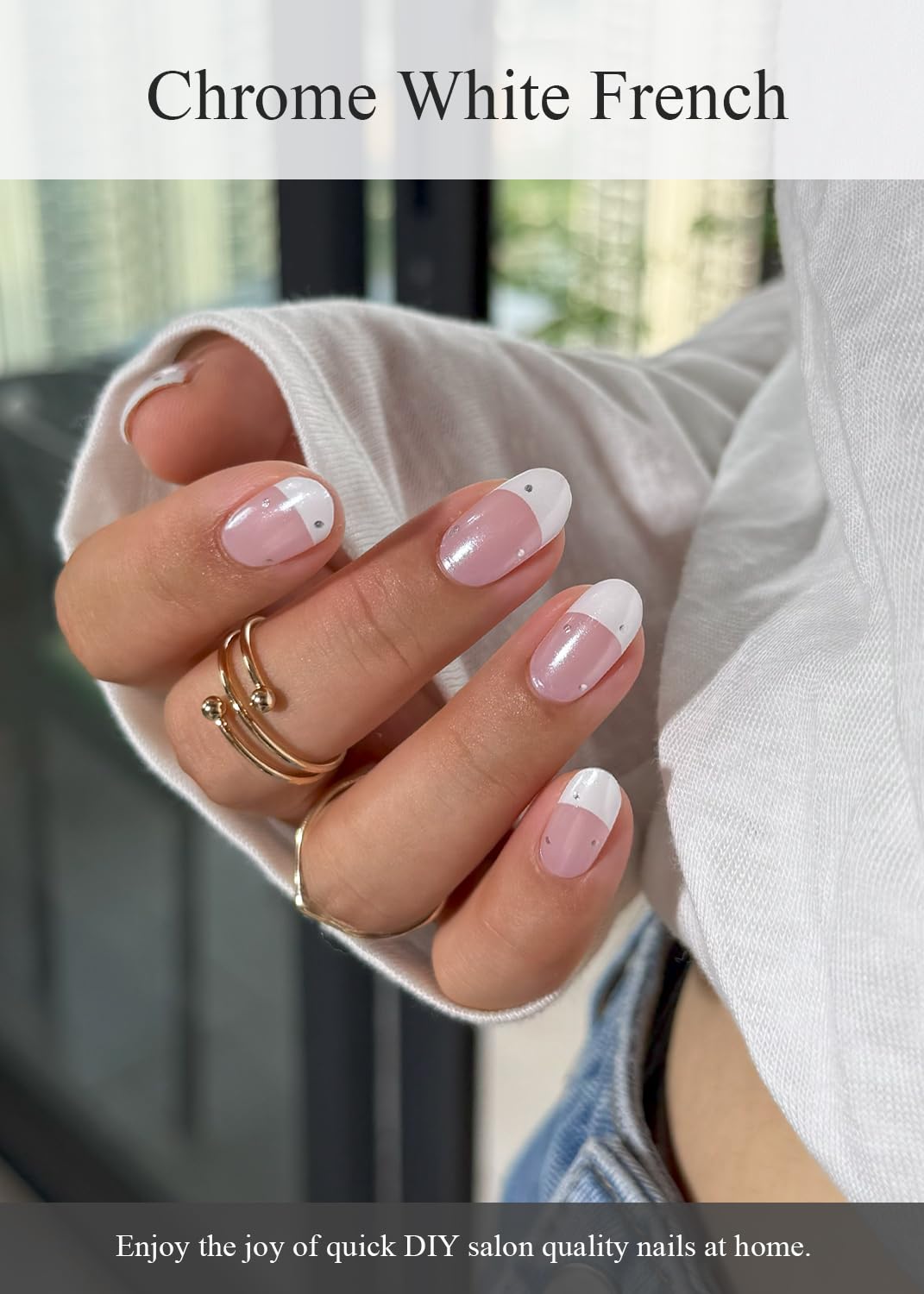 AutyaMee Semi Cured Gel Nail Strips (Chrome White French), Pearls, Glazed Donut, 30 Pcs Gel Nail Wraps, Stickers, UV Light Required