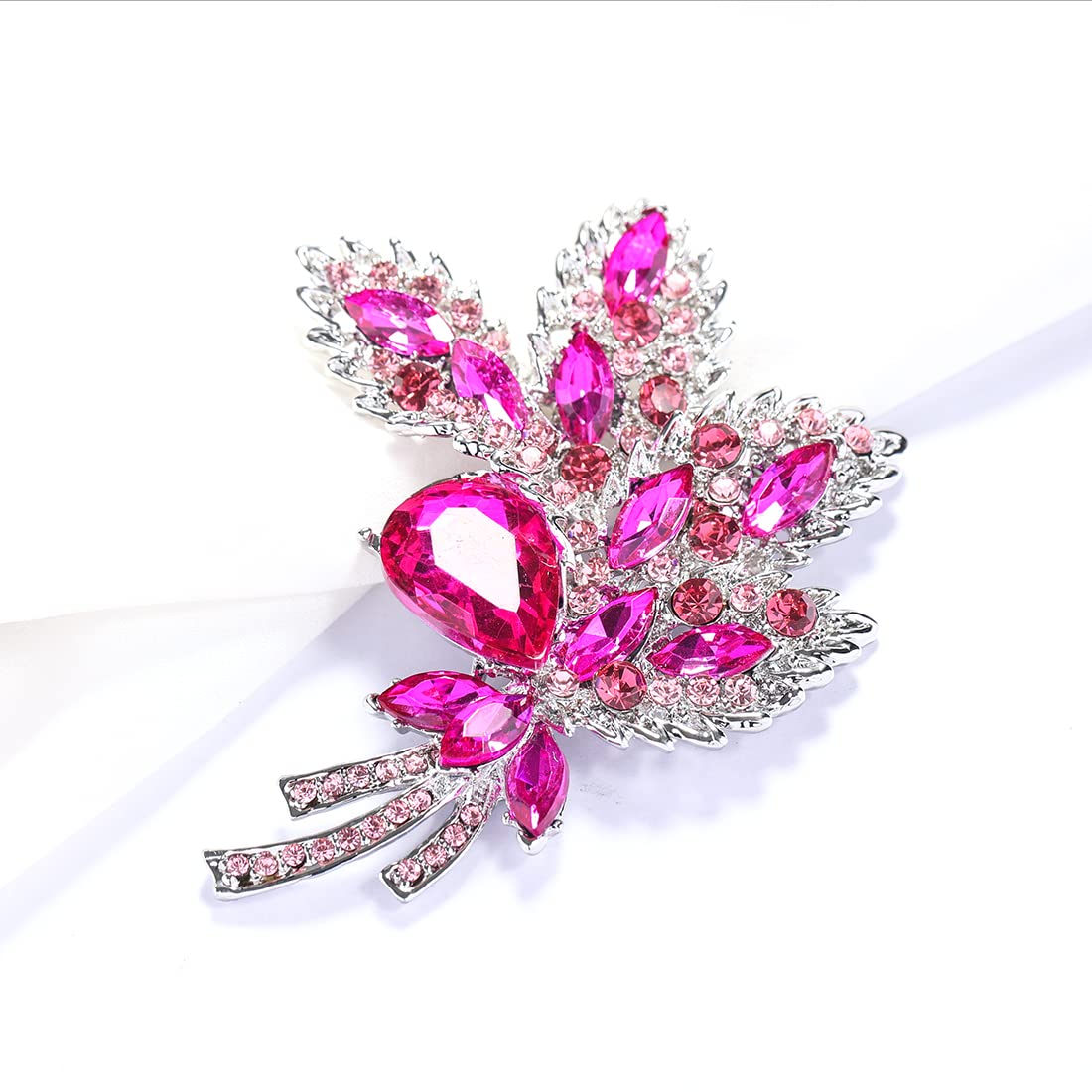 YOQUCOL Rose Red Austrian Crystal Leaf Shape Bouquet Big Large Brooch Pin Rhinestone Scarf Decoration Wreath Cloth Pin For Women