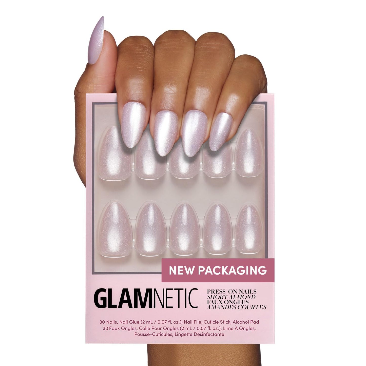 Glamnetic Press On Nails - Selenite | Soft White Sparkle Short Almond Fake Nails with a Glossy Finish, Salon Quality | 15 Sizes - 30 Nail Kit with Glue