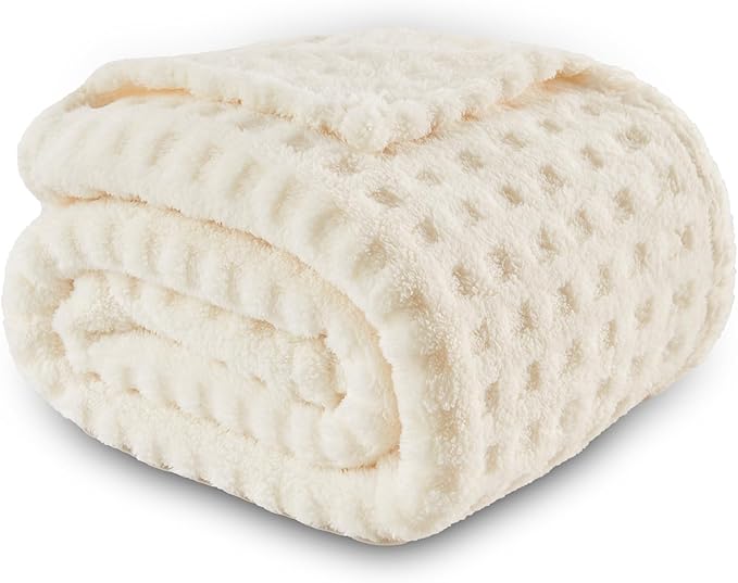 NEWCOSPLAY Super Soft Throw Blanket Ivory Premium Silky Flannel Fleece 3D Waffle Checkered Lightweight Bed Blanket All Season Use (Ivory, Throw(50"x70"))