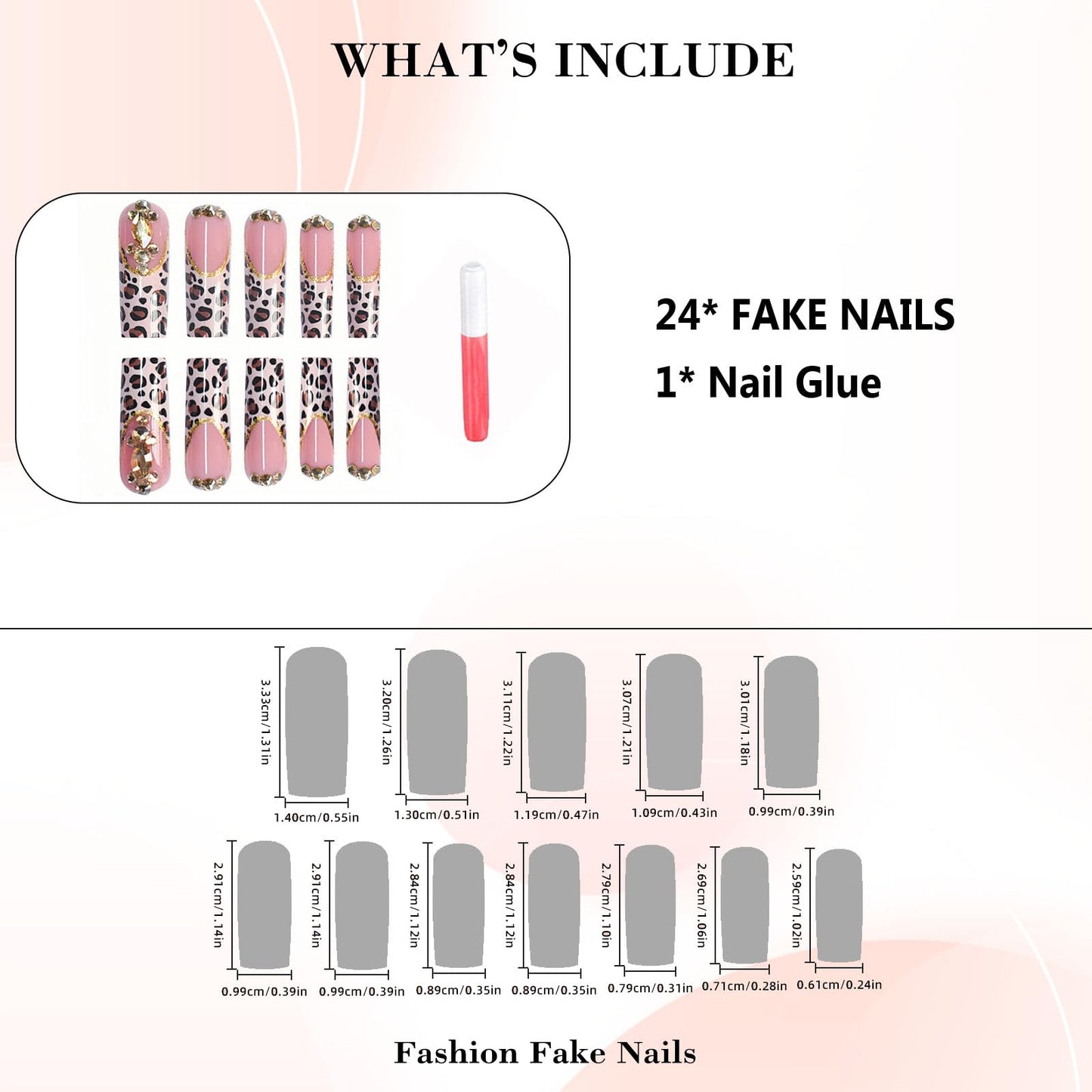 IMRAIN Long Square Press on Nails Leopard Print French Tip Fake Nails with Rhinestone Designs Brown Acrylic False Nails Glossy Fall Glue Stick on Nails for Women 24Pcs