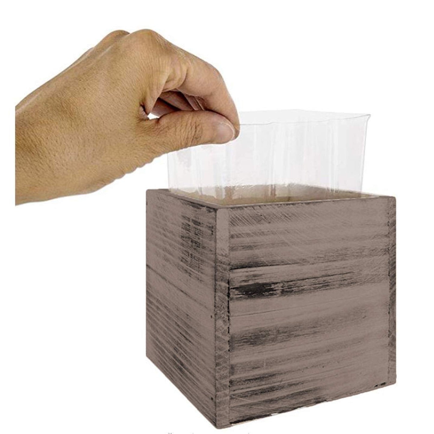 4" Square Rustic Wood Planters with Plastic Liner - Set of 2
