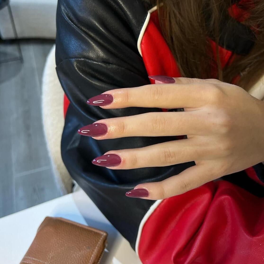 KQueenest Mauve Pink Press on Nails Medium Almond Stiletto, Glossy Gel Fake Nails Medium Pure Color, Purple Acrylic Nails Press ons Feature Protective UV Coating in 24 Pcs