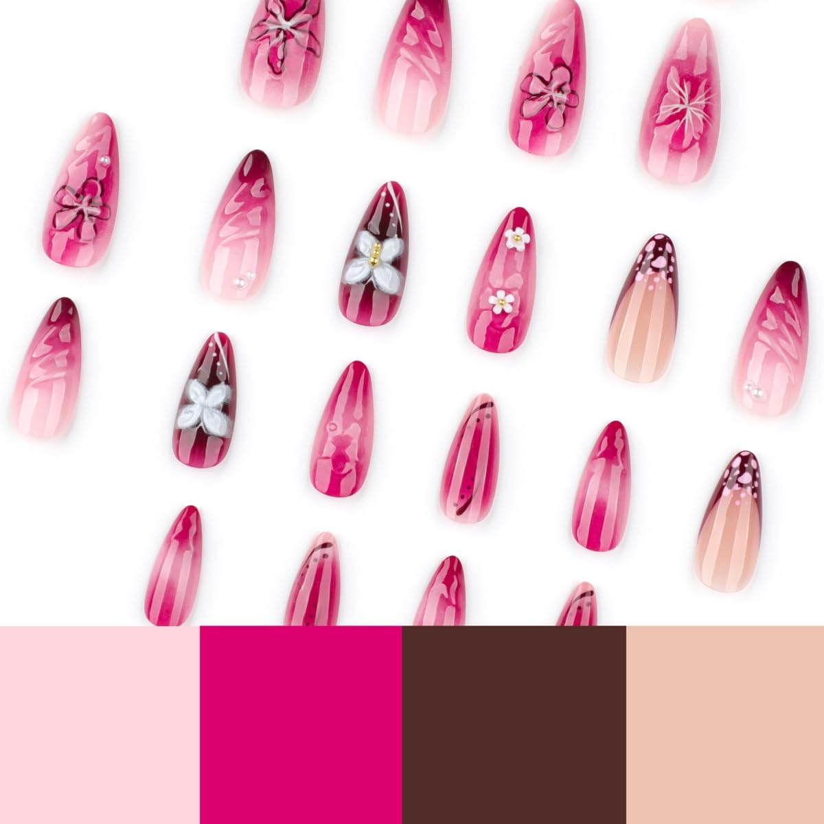 Flowers Press on Nails Medium Almond Fake Nails with Glue Pink Gradient Flower Butterfly Design Acrylic Nails for Women DIY Manicure Decoration 24PCS