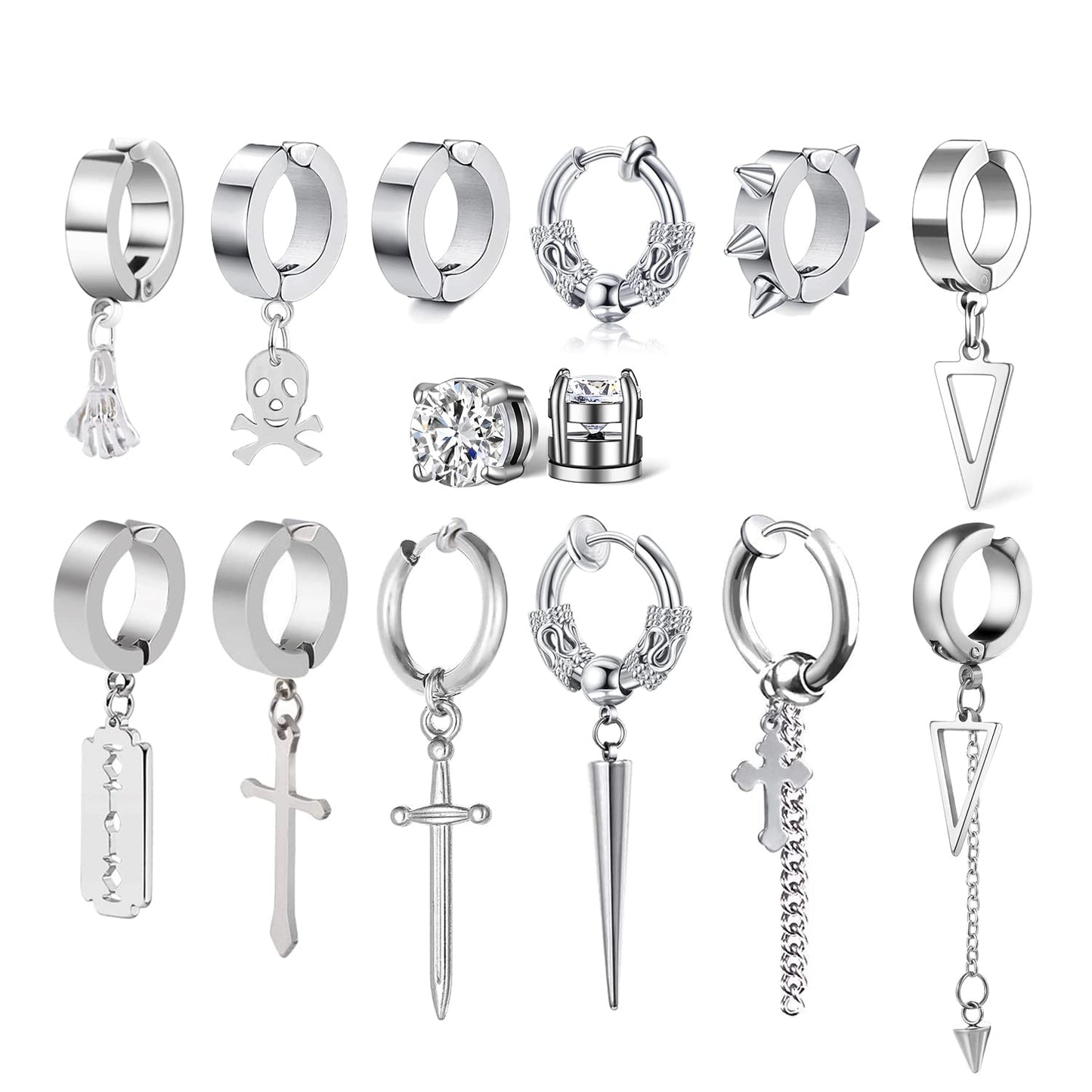 14 Pcs Silver Punk Stainless Steel Fake Piercing Cross Dagger Sword Spike Rivet Triangle Dangle Tassel Clip on Hoop Earrings Set for Women Men, Non Pierced Fake CZ Stud Earrings