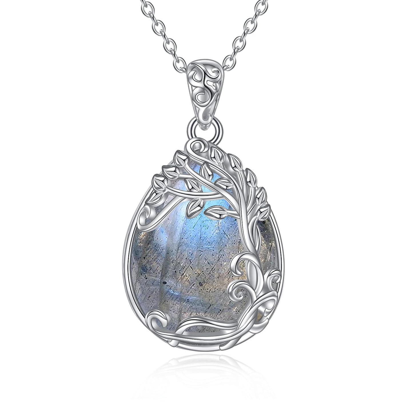 YAFEINI Sterling Silver Labradorite Tree of Life Teardrop Pendant Necklace