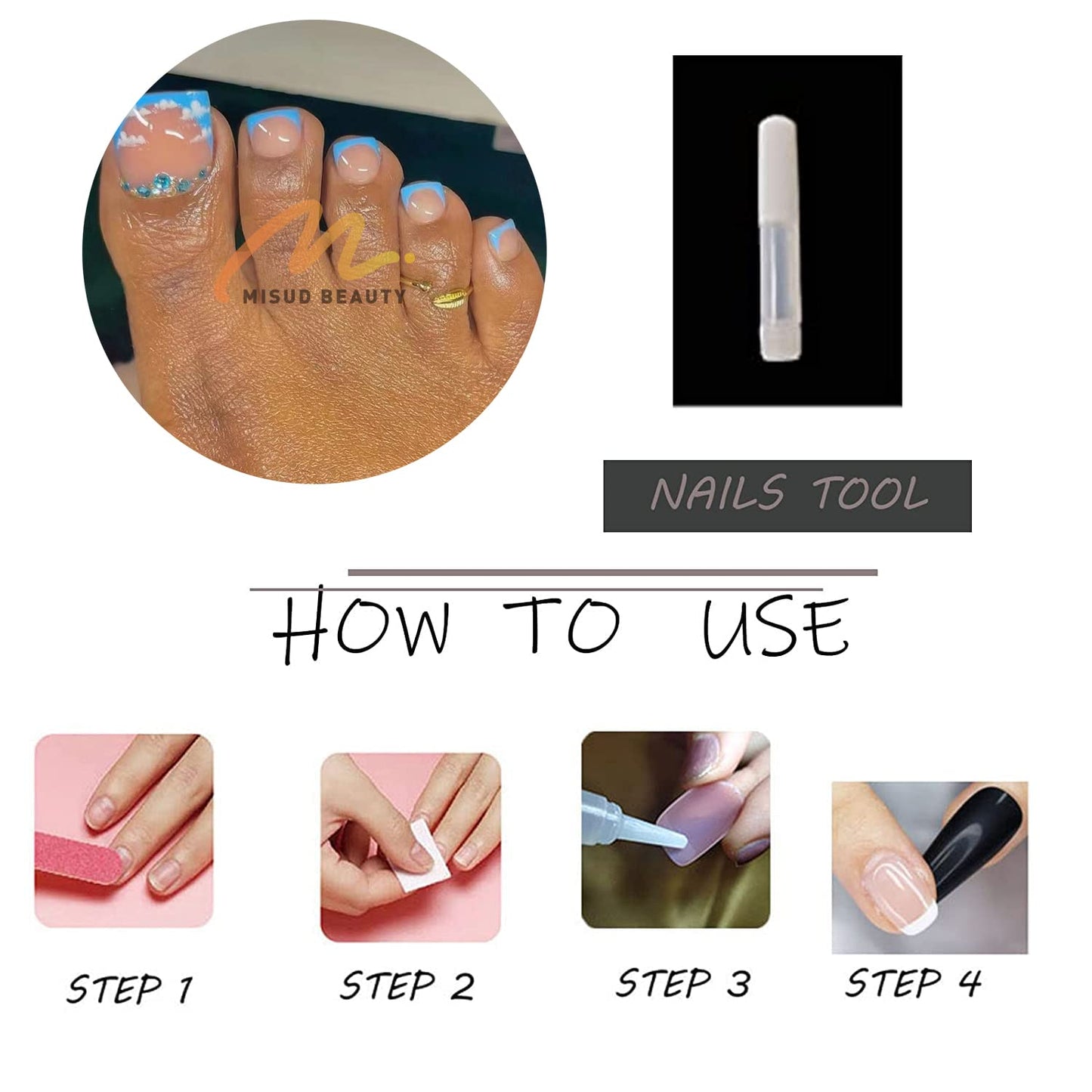 MISUD Press on Nails - Toe Glue on Nails with Blue French Tip, Acrylic Toenails Rhinestone Design 24 pcs