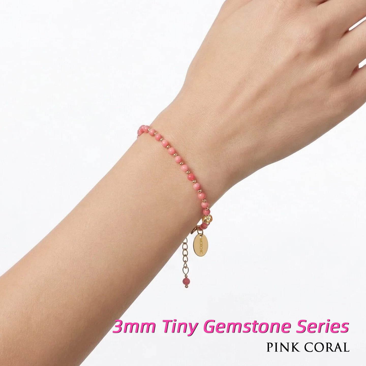 Morchic 3mm Pink Coral Natural Gemstone Beaded Bracelet for Women, Dainty Tiny Charm Jewelry, Adjustable 7.1-8.6", Ideal Birthday Holiday Gift