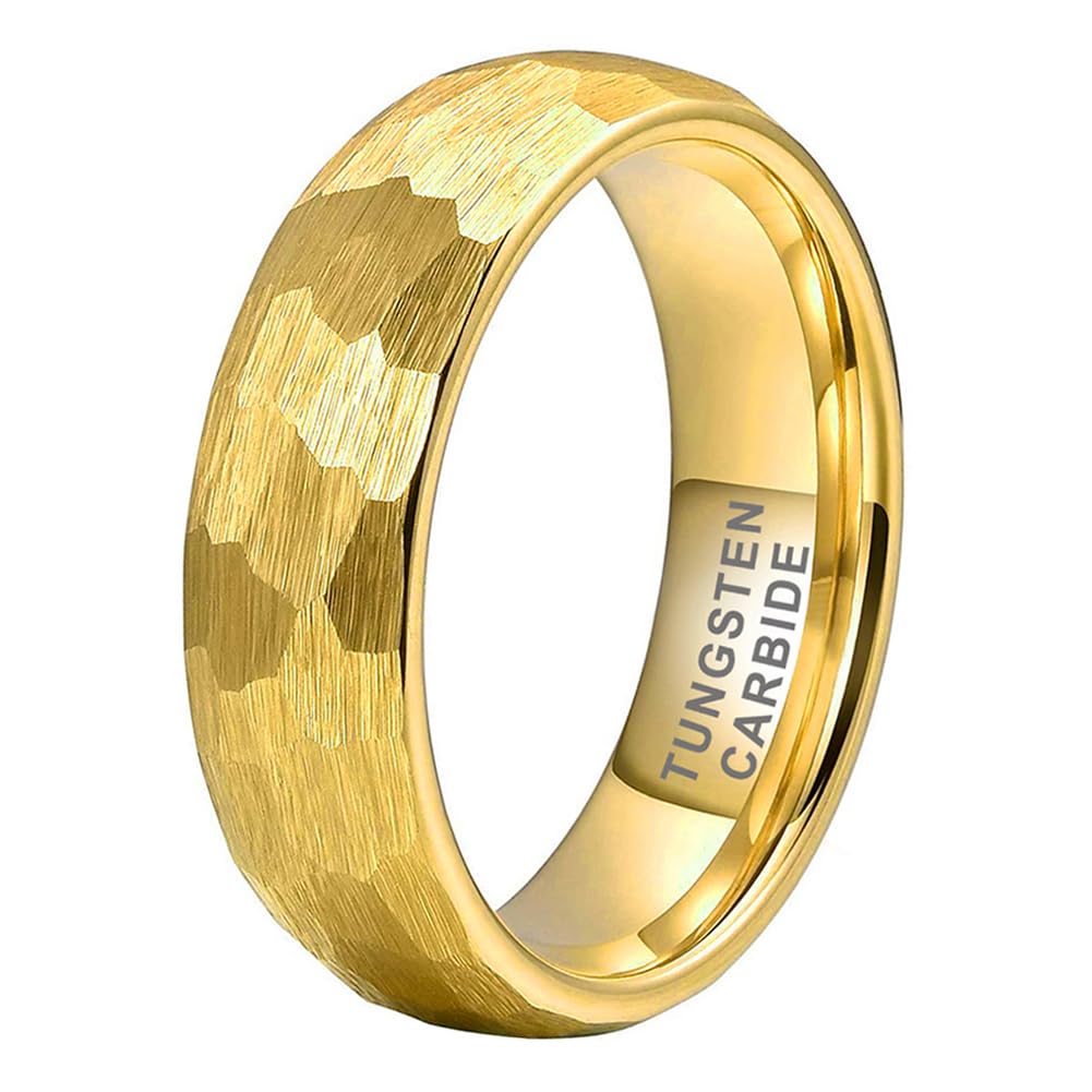 TUTISS 6mm Gold Hammered Tungsten Rings for Men Women Engagement Wedding Bands Domed Matte Finish Comfort Fit Size 9