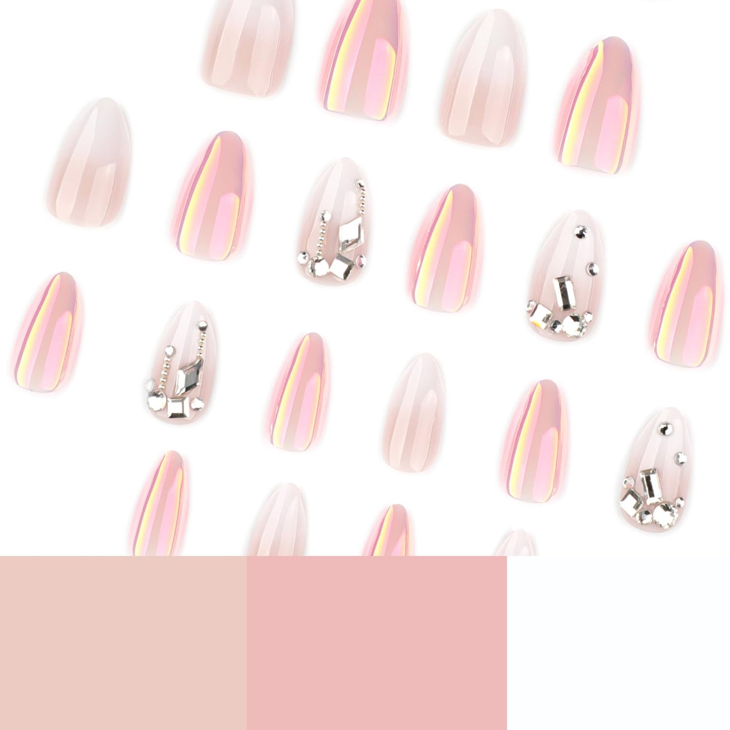 24Pcs Short Almond Press on Nails 3D Sparkly Rhinestone Fake Nails White Gradient French False Nails Holographic Blush Mirror Design Artificial Nails Metallic Glossy Full Cover Acrylic Nail for Women