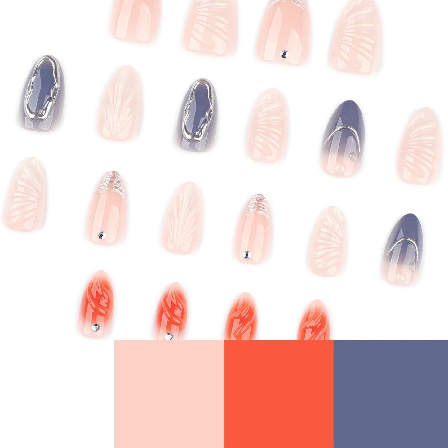 Mivota 3D Nude Almond Press on Nail Short Fake Nails with Silver French Tip False Nails, 3D Silver Lines Design Artificial Acrylic Nail Press ons Reusable Almond Nail Glue on Nails for Women