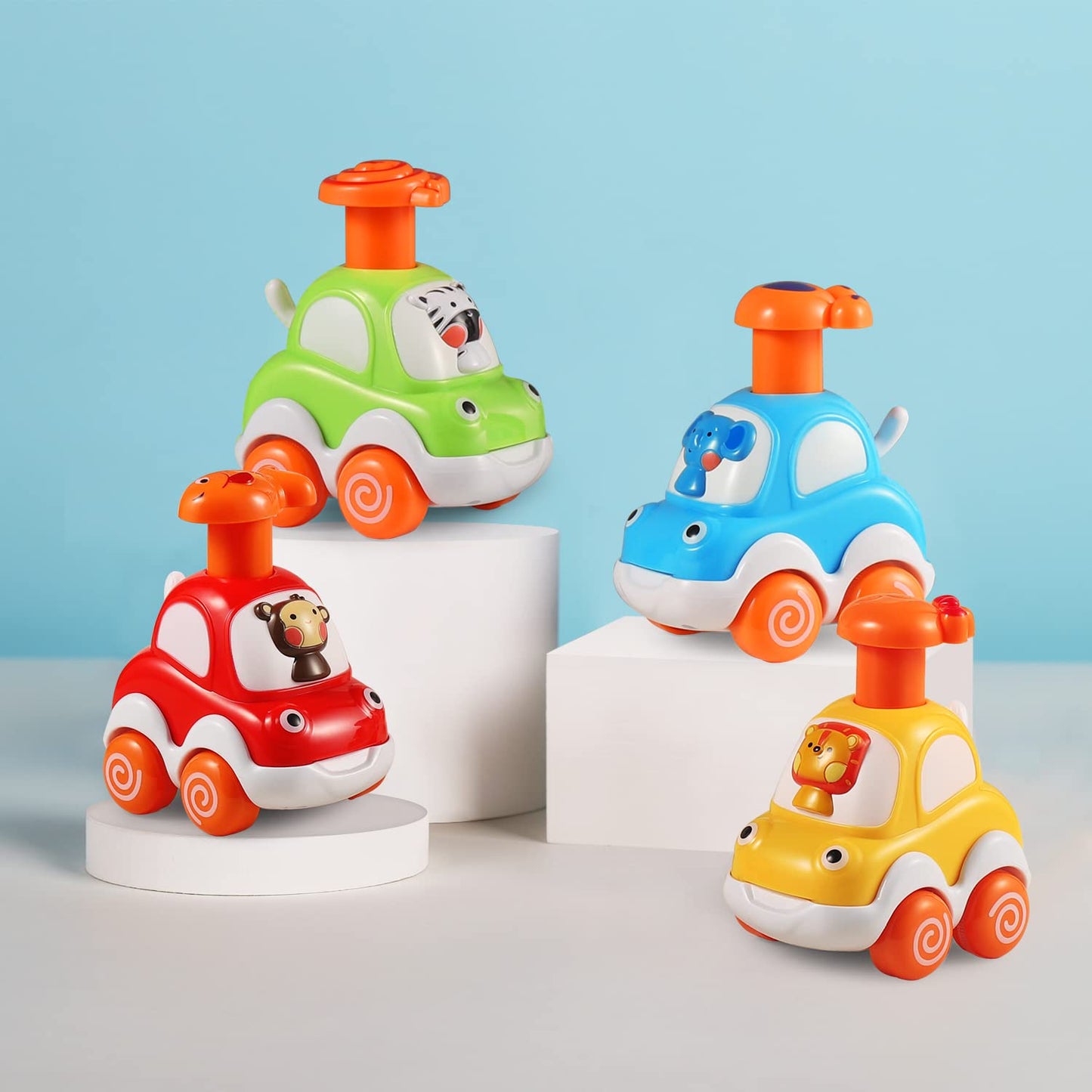ALASOU 4 PCS Animal car Toys and 3 PCS Suction Cup Rotating Toys for Infant and Toddlers