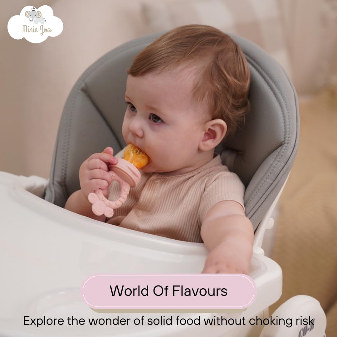 Minie Joo Baby Fruit Feeder Set – BPA-Free Silicone Fresh Food Feeder with 3 Replacement Teats, Teething Feeder for Fruits & Purees, Safe Self-Feeding for Babies 4+ Months