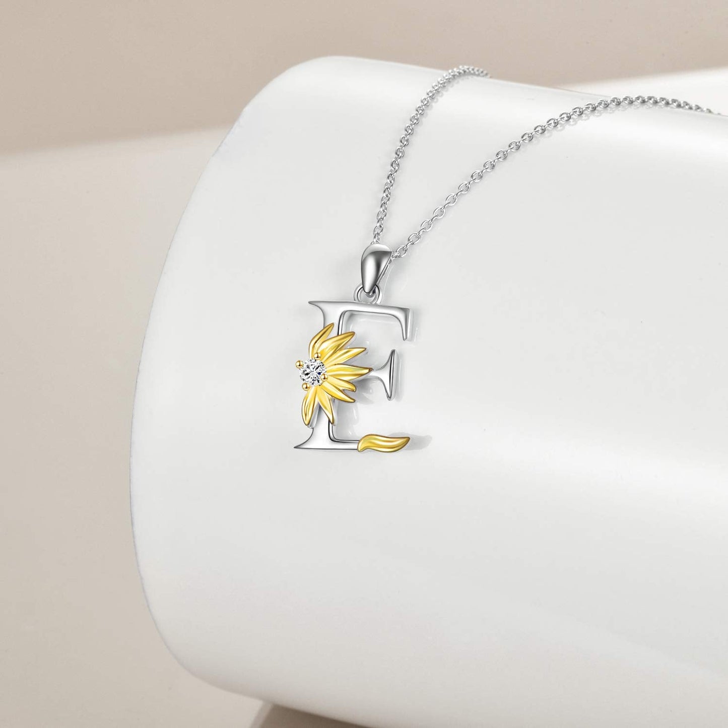 POPLYKE Sterling Silver Initial Alphabet Letter Script Name Pendant Chain Necklace for Women for (Sunflower E)