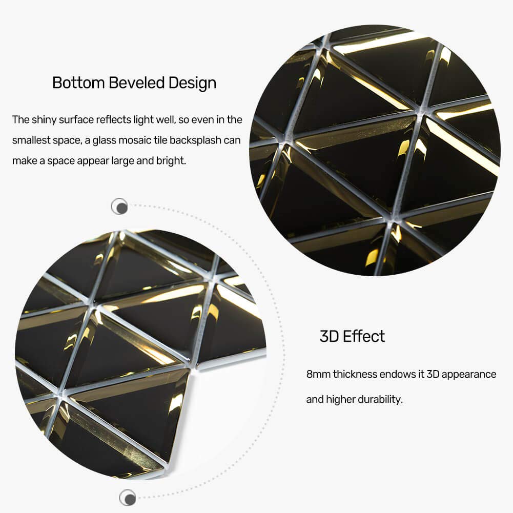 Soulscrafts Beveled Mirror Glass Mosaic Tile,Black with Gold, 3 Inch Triangle Glass Backsplash Tiles for Kitchen Bathroom Wall 5 Sheets/Box