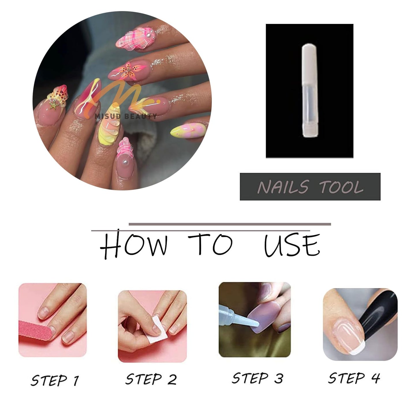 MISUD Press on Nails - Medium Almond Fake Nails with Summer Beach Acrylic Handmade 3D Flower Design 24 pcs