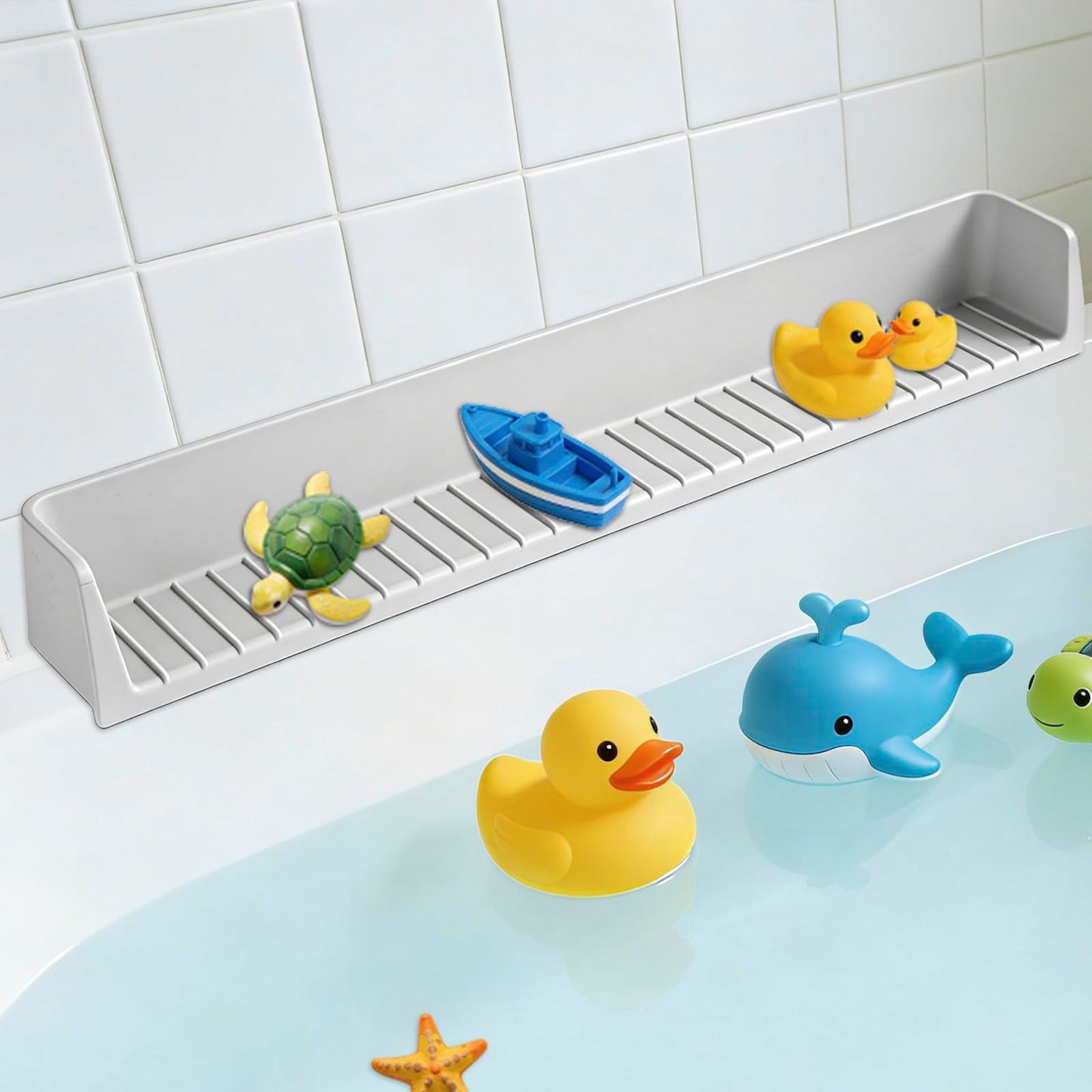 Longer Bathtub Splash Guard for Kids, Soft Silicone Tub Water Guards Toy Tray Holder for Toddlers, Bathtub Topper Splash Guard with Strong Suction Cups, Prevent Water Spills in Bathroom (2.6FT Grey)