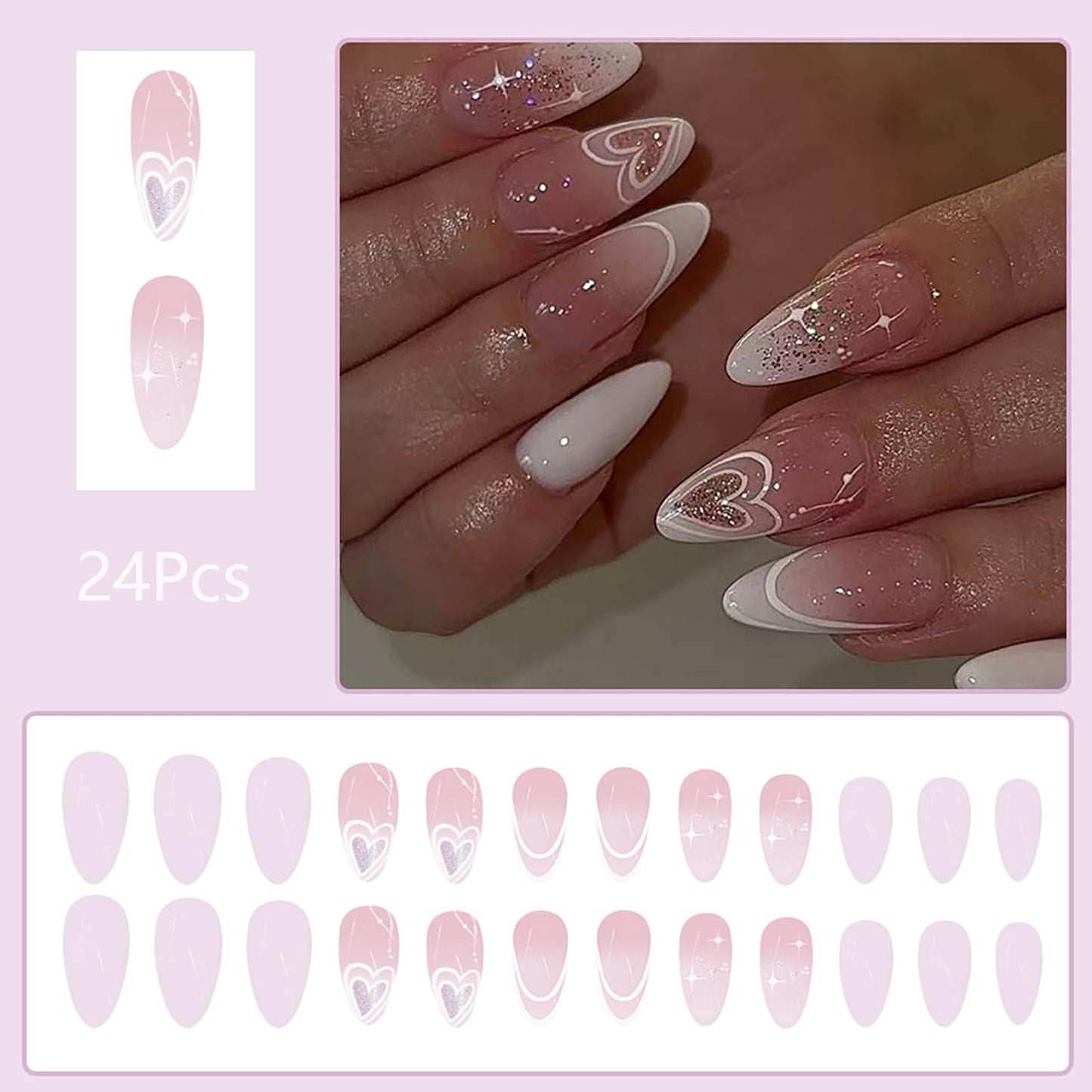 24 Pcs Valentine’s Day Press on Nails Almond False Nails Heart Fake Nails with Glitter Design Pink White Full Cover Artificial Nails French Medium Glue on Nails Reusable Stick on Nails for Women