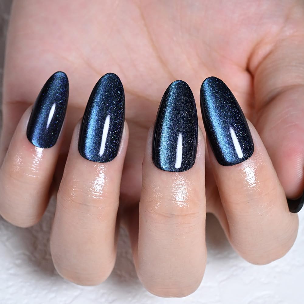 evpct Chameleon Teal Cat Eye Chrome Press on Nails Almond Medium No Glue, Holographic Medium Almond Stick on Fake Nail for Women, Glossy Cat Eye Effect, Perfectly Fit Salon-quality Soft False Nail