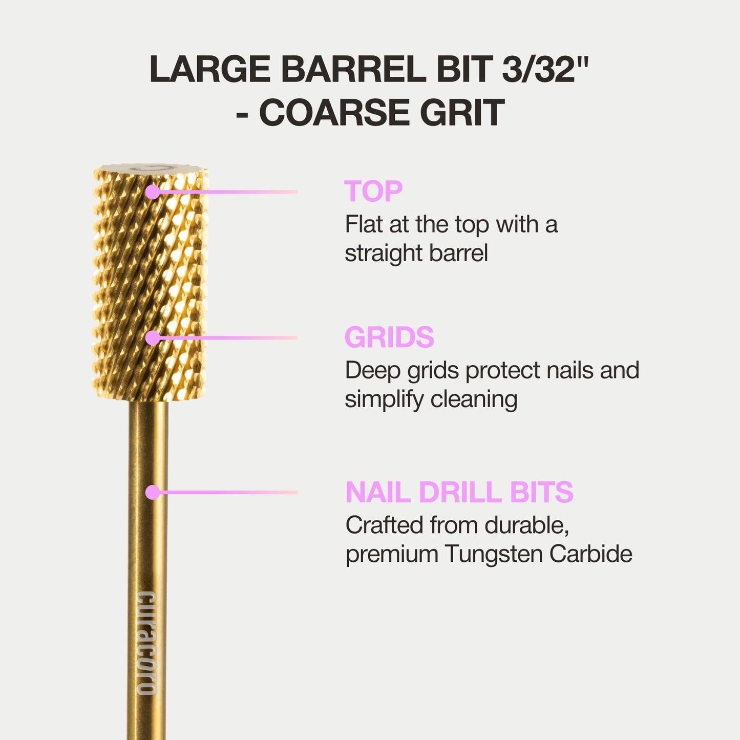 Curacoro Nail Drill Bits 3/32'' - Safe Smooth Stop Large Barrel Carbide Bit (Coarse), Fast Remove Acrylic or Gel Nails, Long-lasting Bits for Nail Beds, Nail Art Salon & Home