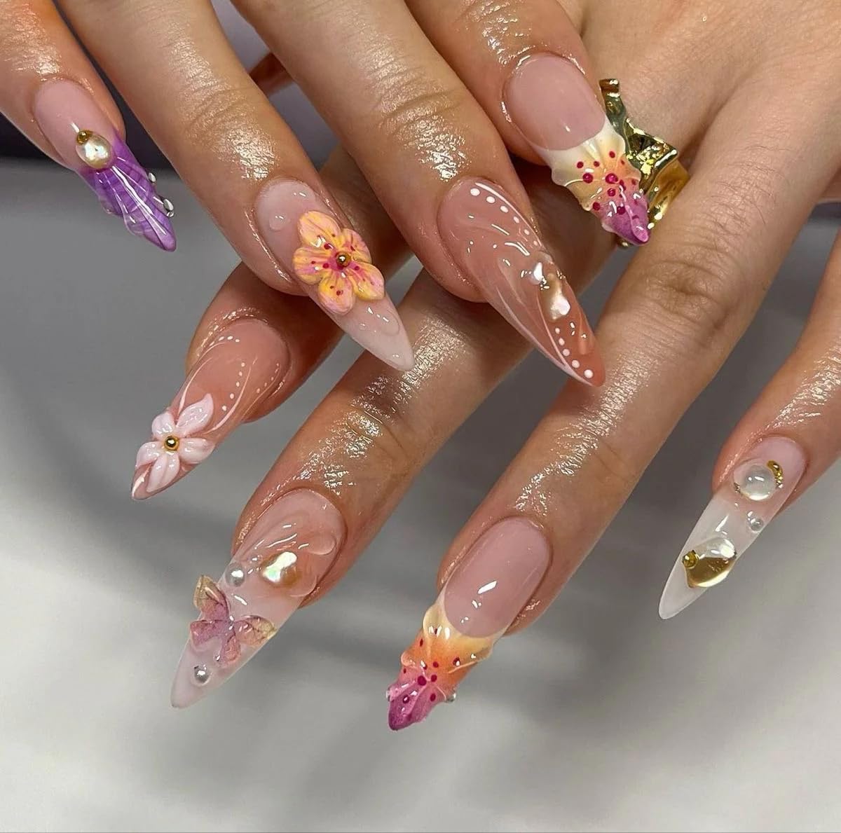 MAGLFELL Handmade Acrylic Press On Nails, 3D French Long Almond False Nails for Women, Reusable ABS Material Fake Nails, 10 Pcs Almond Stick On Nails, DIY Fingernails Art At Home (Size M)