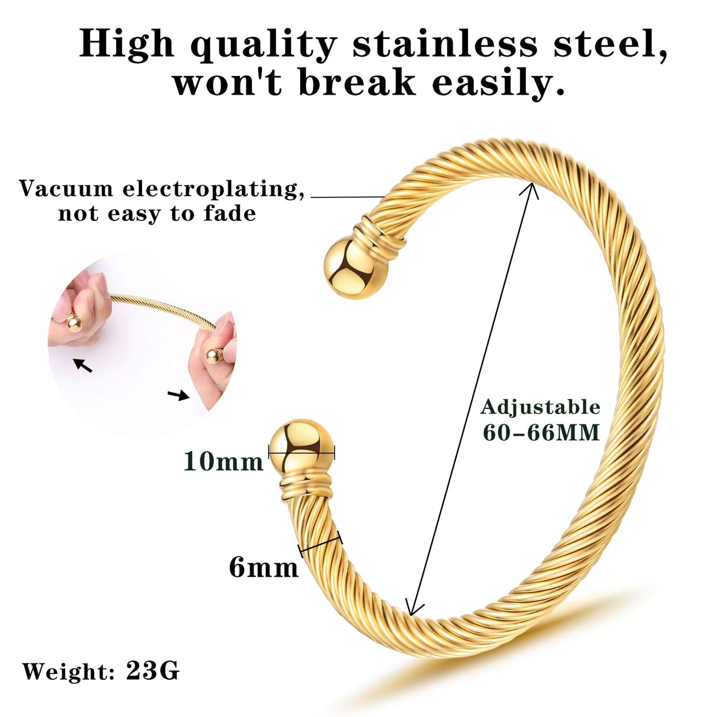 Adjustable C-Shape Open Cuff Bangle, Twisted Cable Bracelet for Men & Women, Chic Stainless Steel Unisex Jewelry Gift for Him Her, Unique Anniversary Present (Gold)