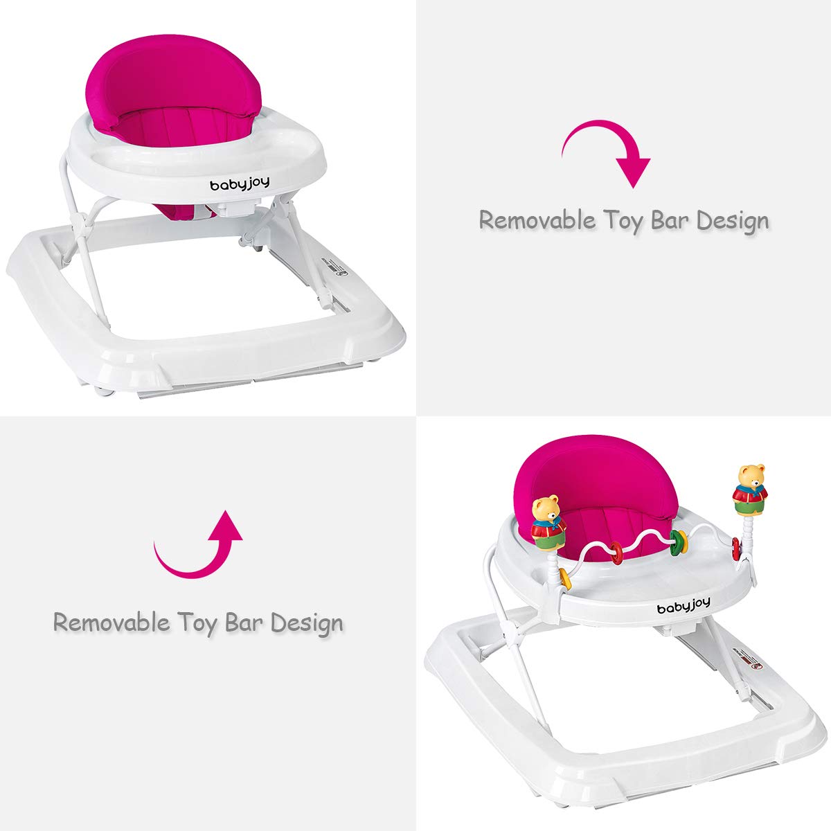 BABY JOY Baby Walker, Foldable Activity Walker with Adjustable Height, Large Tray & Removable Toys, Baby Walker with Wheels for Boys Girls 6-18 Months (Pink)