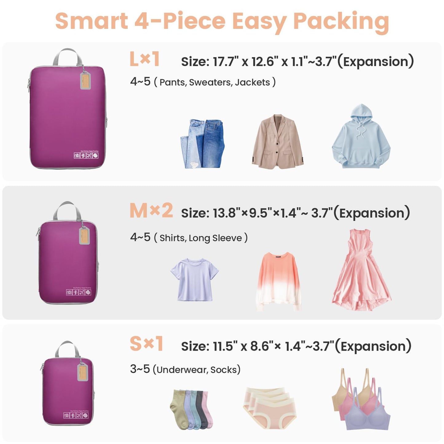 Cambond Compression Packing Cubes for Travel - 4 Pack Lightweight Expandable Luggage Packing Organizers Travel Essentials Accessories Bags Compression Cubes Space Saver for Carry on Suitcases, Purple