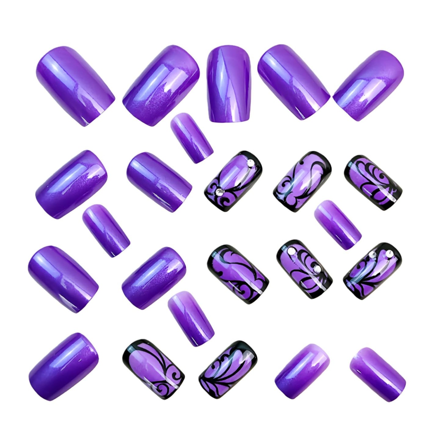 Purple Press on Nails Medium Square Fake Nails with Black Flowers Line Design Rhinestones False Nail Glossy Full Cover Acrylic Artificial Stick on Nail for Women 24Pcs