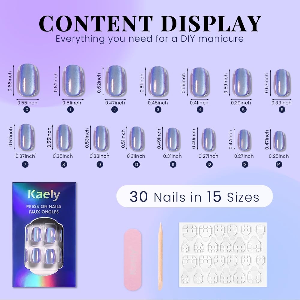 evpct Periwinkle Blue Cat Eye Chrome Press on Nails Short Square No Glue with Aurora Design, Purple Holographic Short Square Stick on Nails for Women, Glossy Cateye Effect, Perfectly Fit Salon-quality