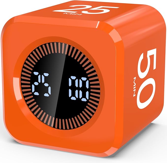 Pomodoro Timer Cube Visual Productivity Flip Timer for Kids Classroom Desk, 5/10/25/50min&Custom Countdown, Silent&Sound Mode Digital Cube for ADHD Study Work School Game Kitchen (Orange)