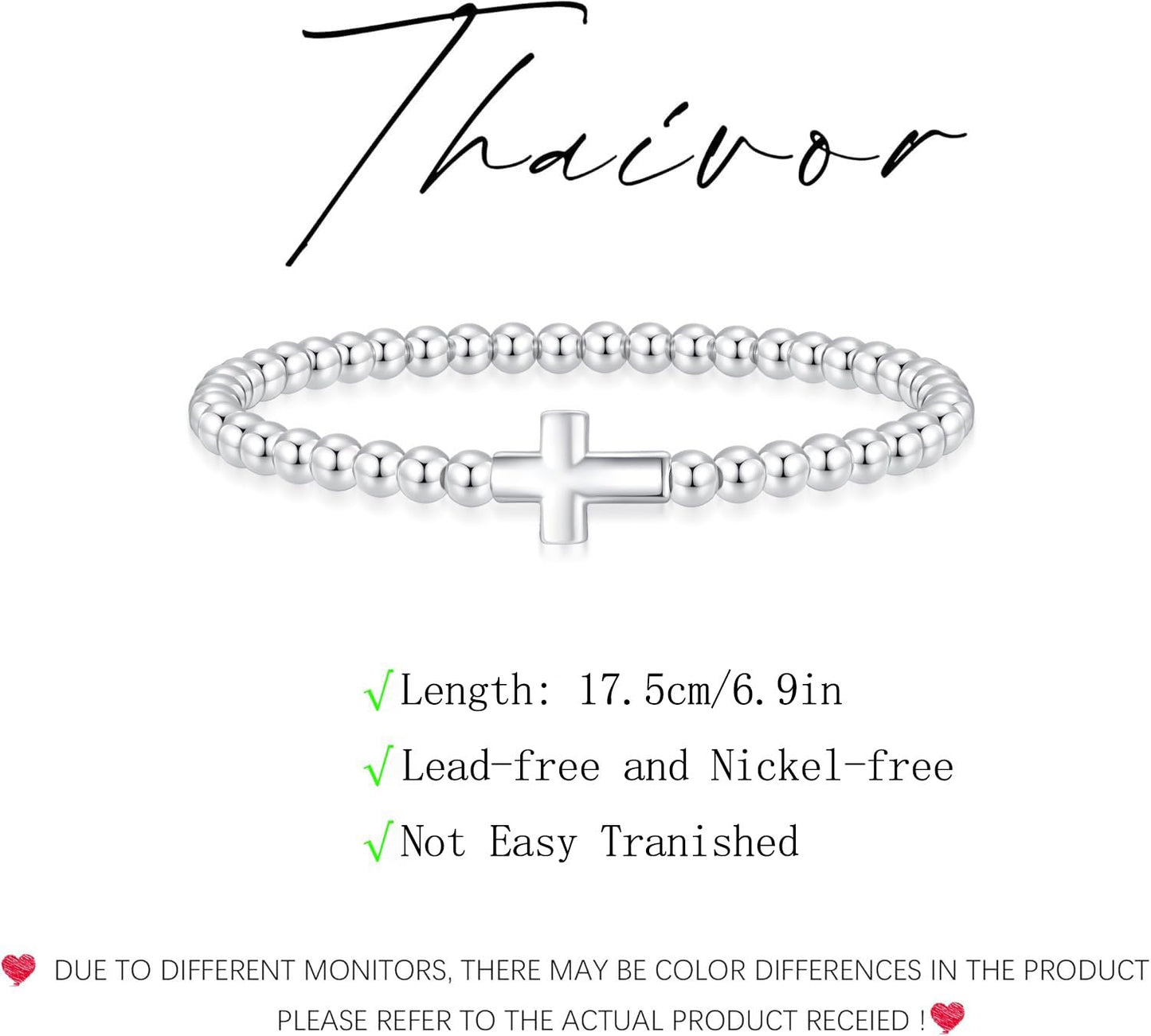 Beaded Bracelets for Women 14K Silver Gold Plated Stretch Handmade Ball Bracelets Cute Charm Bracelet Dainty Stackable Cross Heart Bow Wave CZ Circle Trendy Jewelry Easter Gifts (cross-silver)
