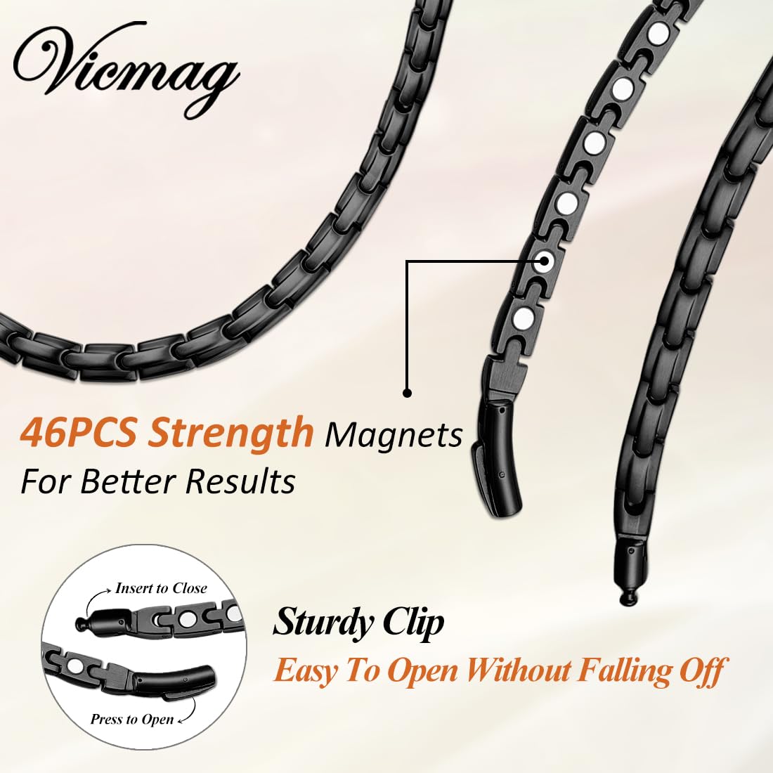 Vicmag Magnetic Titanium Necklace for Men & Women, Titanium Necklace Set with 4X Ultra Strength Magnets Ring, Adjustable Chain & Sizing Tool(Black)