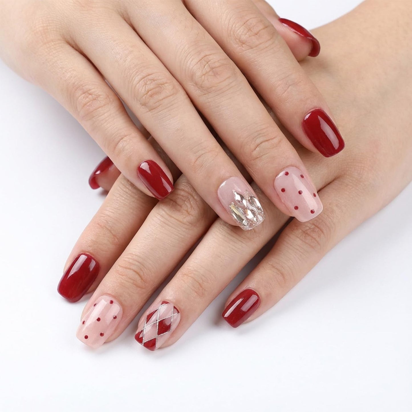 Red Nude Press On Nails with Argyle & Polka Dot Design, Glossy Wine Red Square False Nails, Elegant Short Medium Fake Nails for Women, 30PCS Set (The sizing runs small)