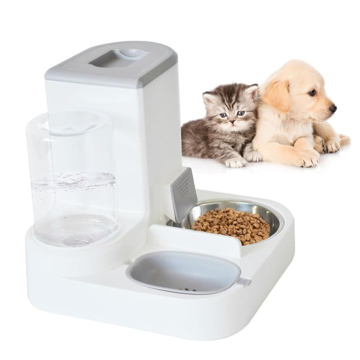 MUYG 2 in 1 Automatic Cat Feeder and Water Dispenser Combo,All-in-One Dog Food and Water Dispenser Set with Stainless Steel Food Bowl Detachable Gravity Feeder for Cat Kitten Small Dog(Yellow)
