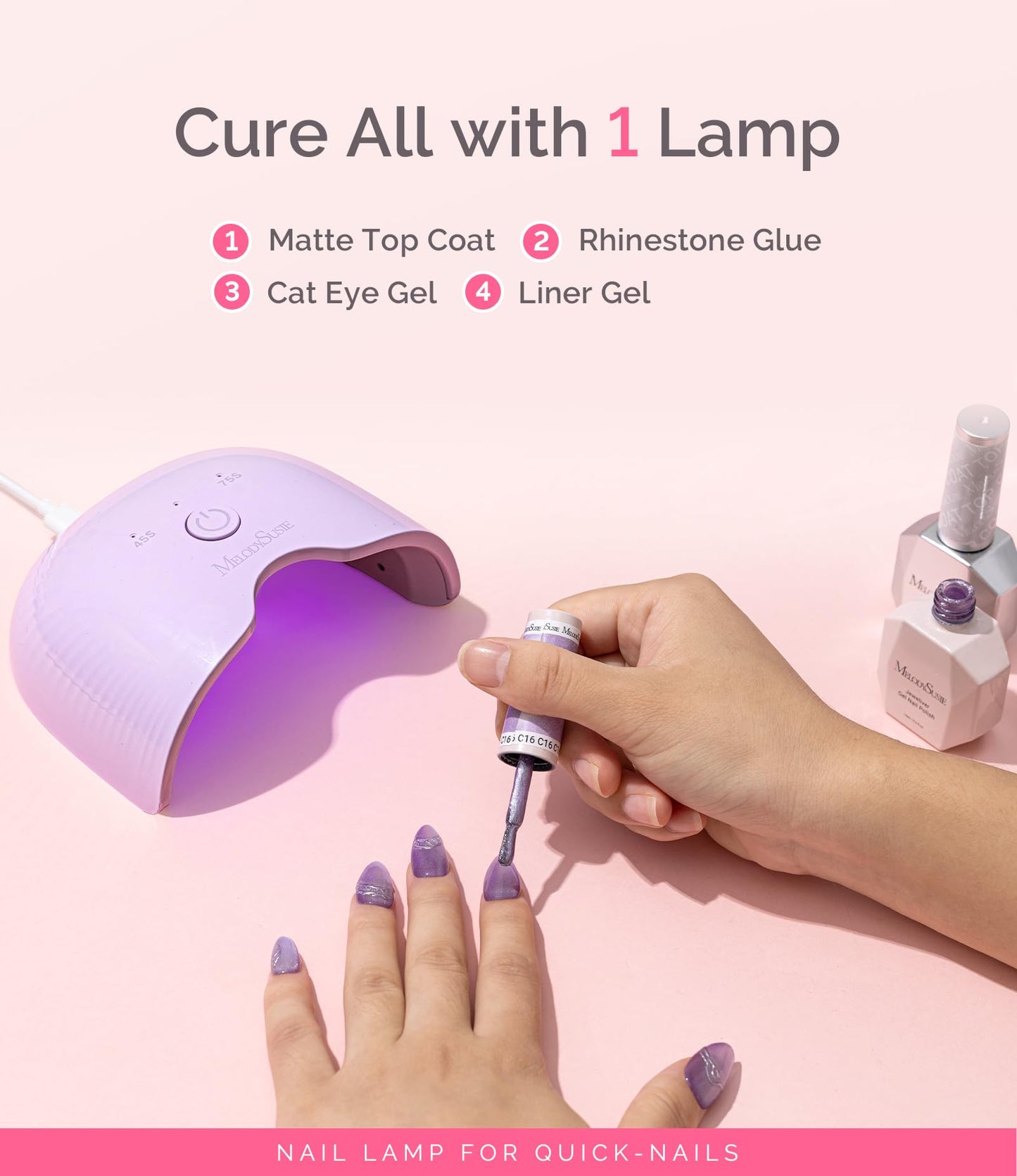 MelodySusie Mini LED UV Nail Lamp with Lightweight Design, P-ART06F Nail Dryer with Simple Button Control Cures All Soft Gels at Home, Especially Half-Cured Gel, Base Coat & Top Coat Purple