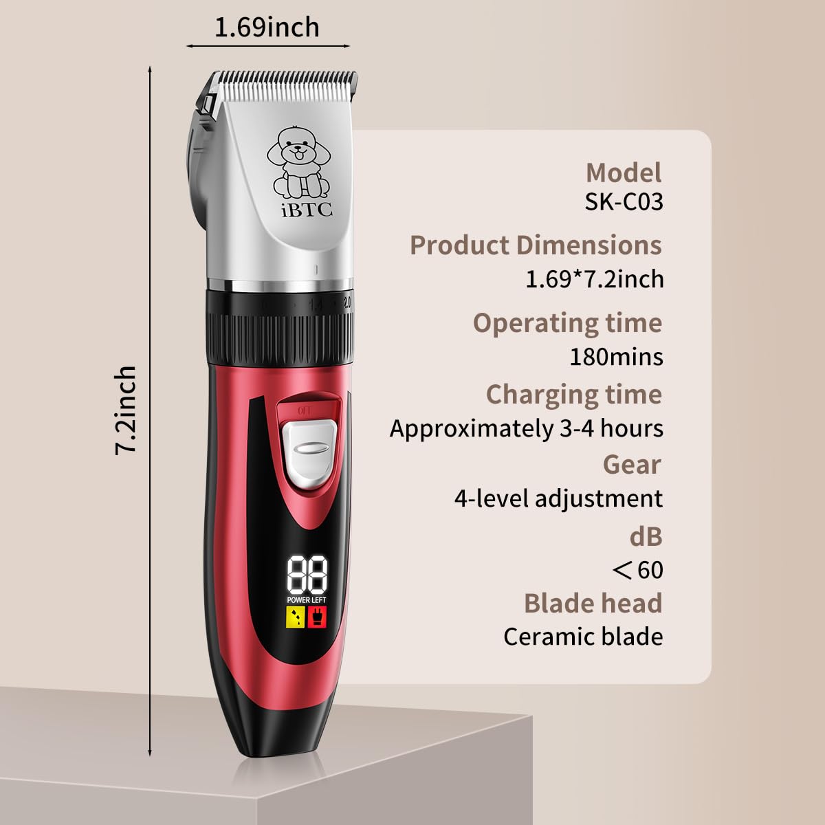 iBTC Dog Shaver Clippers Low Noise Rechargeable Cordless Electric Quiet Hair Clippers Set for Dogs Cats Pets Features a Ceramic Blade Head That is Removable (red)