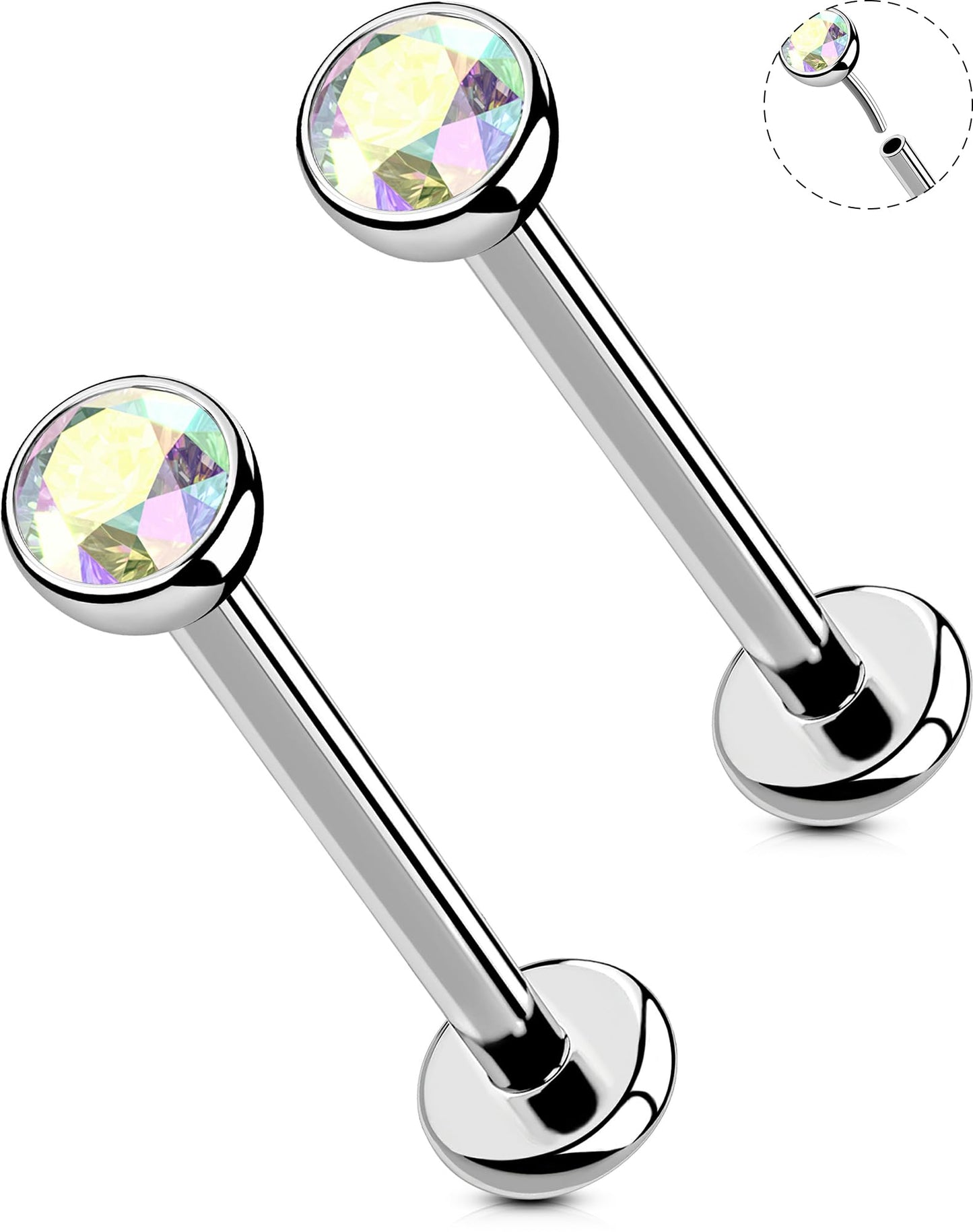 OUFER 2Pcs AB Nose Studs, 20G G23 Solid Titanium Threadless Nose Studs 2.5MM Flat Back Tiny CZ 2.5MM Nose Nostril Piercing Jewelry-7MM