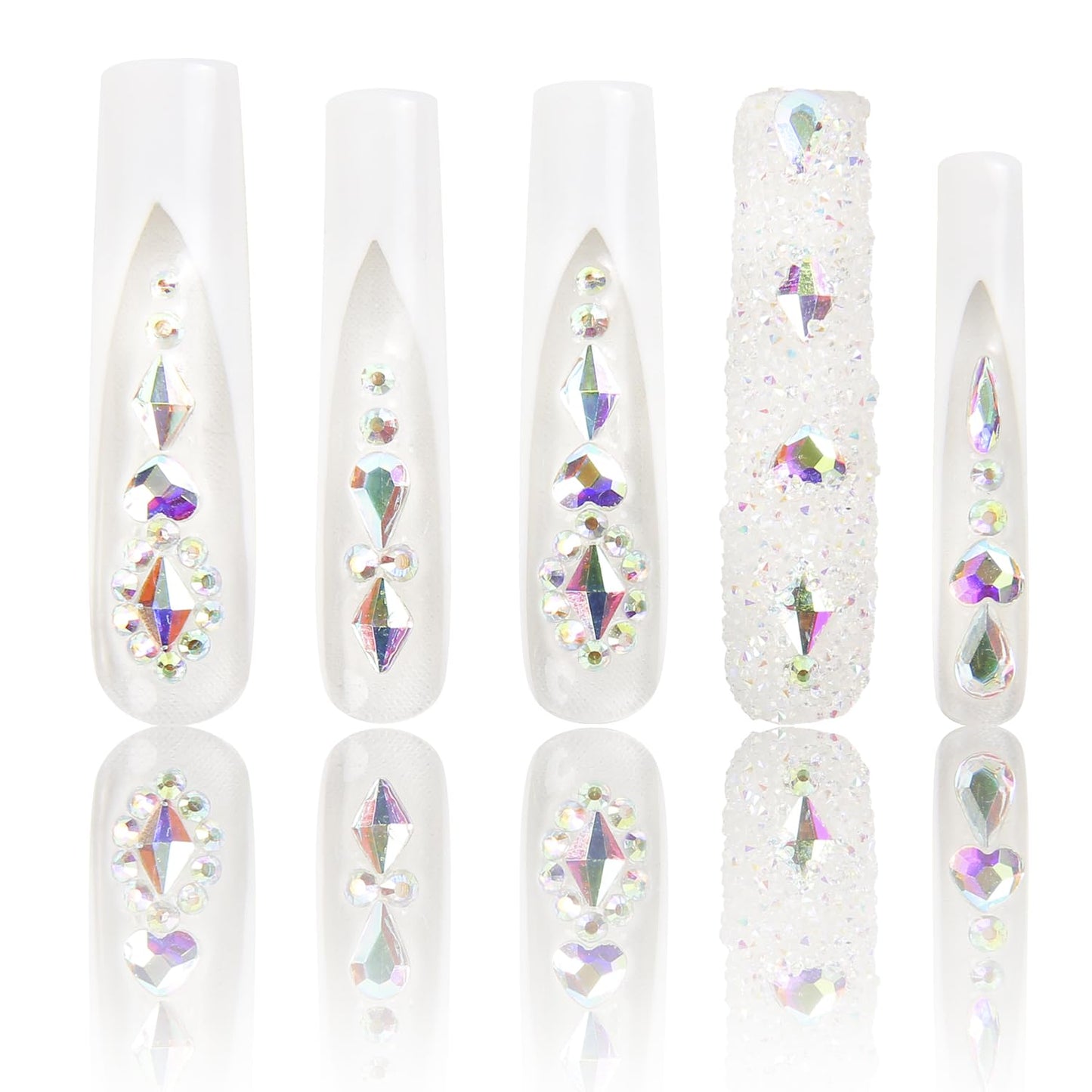 LOVFUL Press on Nails Candy Diamonds & White French Tip | Luxury Spring French Tip Glossy Press On Nails with Bling | Square Long 2.2 in | H36(M)