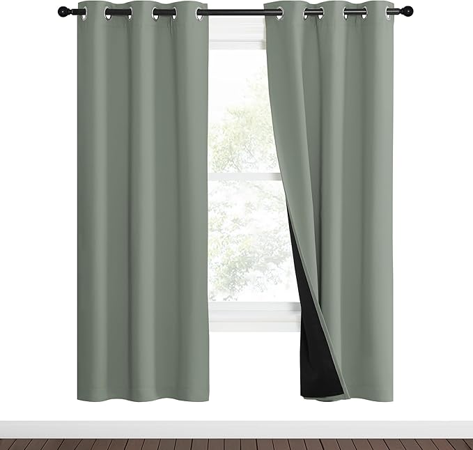 NICETOWN 100% Blackout Window Curtain Panels, Heat and Full Light Blocking Drapes with Black Liner for Nursery, 70" Drop Thermal Insulated Draperies (Greyish Green, 2 Pieces, 37" Wide Each Panel)