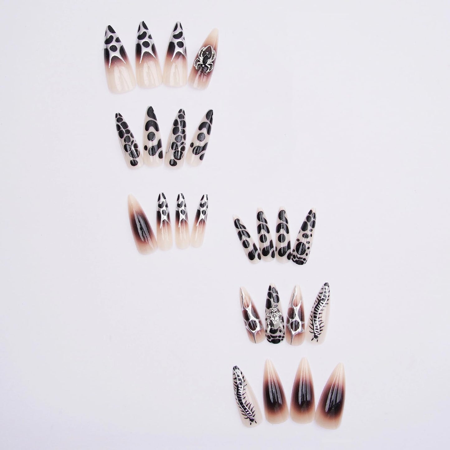 MISUD Press on Nails - Long Stiletto Fake Nails with Goth Black Silver, Acrylic Gothic Y2K Chain Design 24 pcs