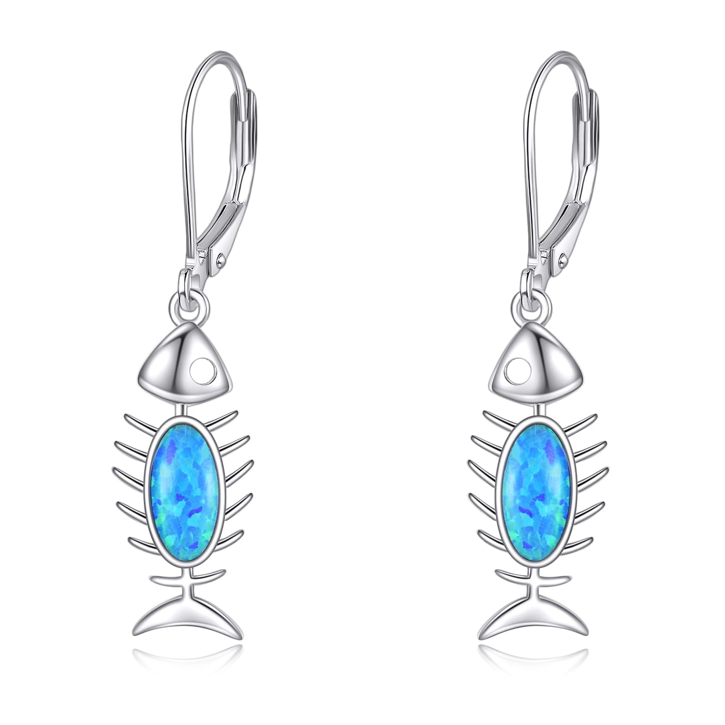 Fish Bone Dangle Earrings Sterling Silver Blue Opal Fishbone Skeleton Drop Earrings Jewelry Gift for Women